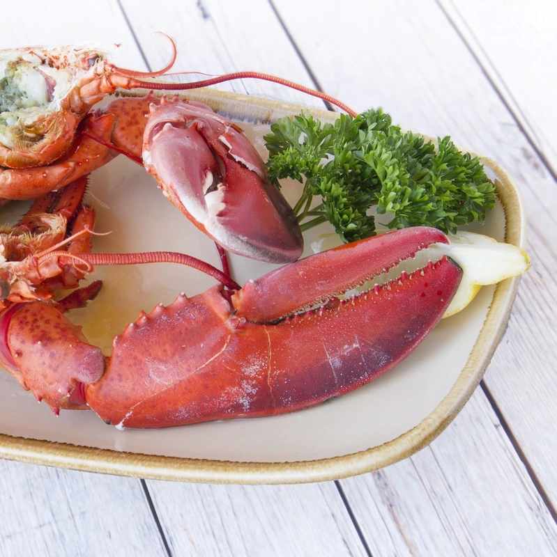 Lobster claws on a plate garnished with fresh parsley