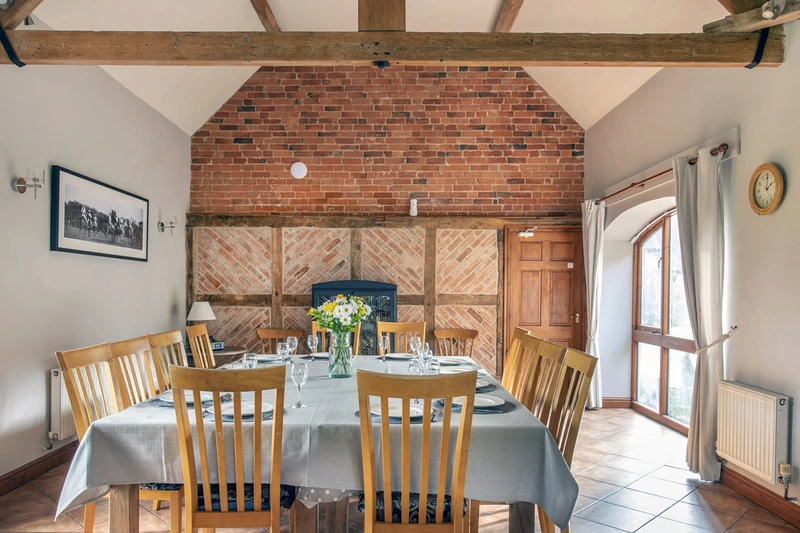 A dining room in a converted barn